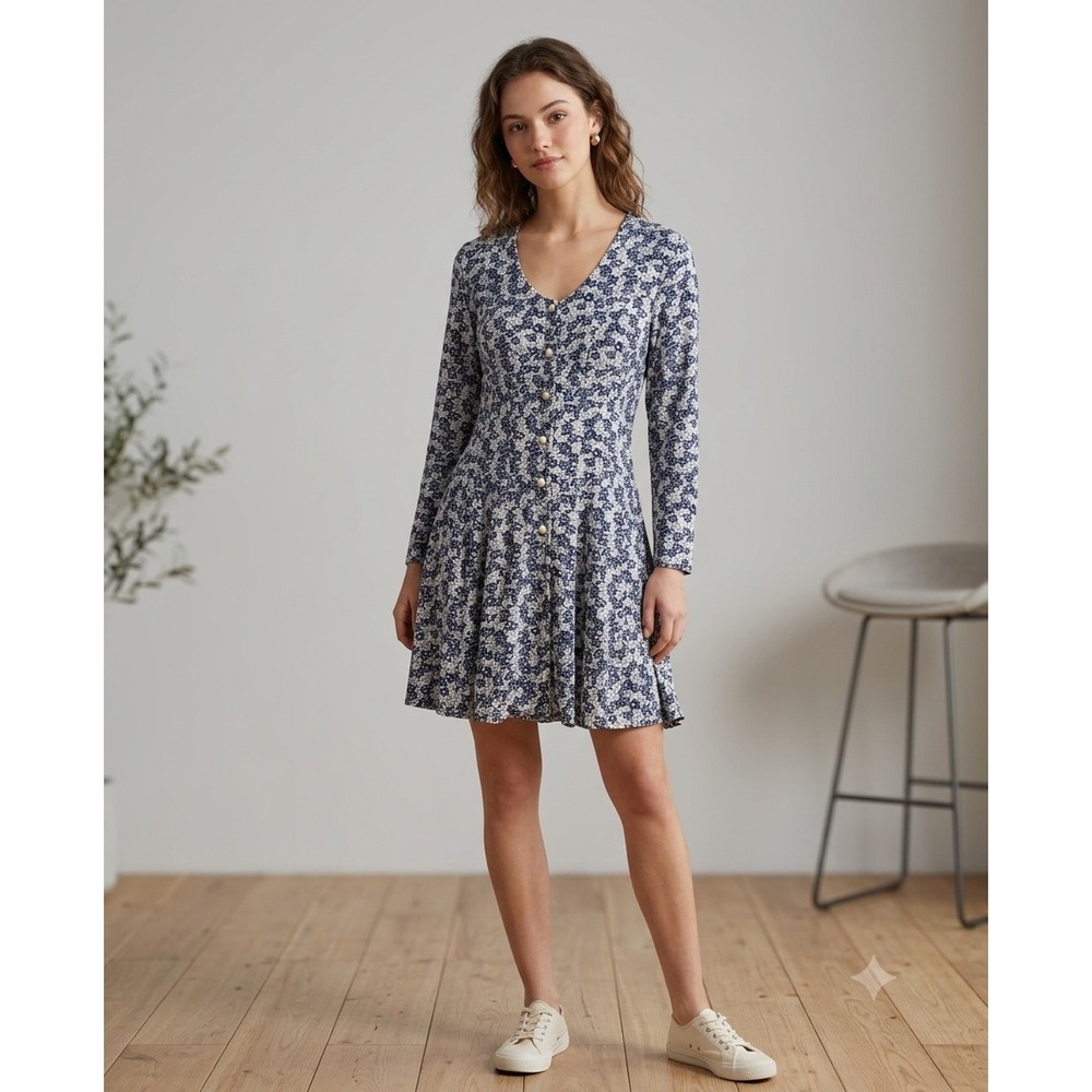 Vintage City Triangles Floral Romper Blue White Rose Print Pearl‎ Button Front
